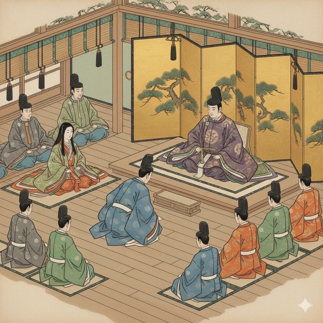 Depiction of bowing during the Heian period, showcasing its role in courtly etiquette.
