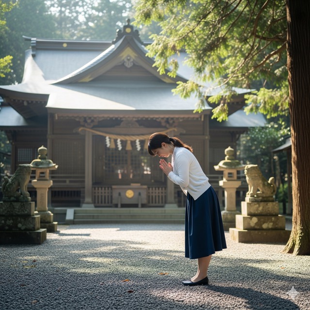 Woman bowing at a Shinto shrine
